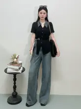 夏用 高腰ワイドパンツ【大きいサイズ・タック付き・極上の柔らかさ・デニム風】（セットアップ対応）