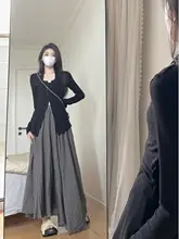 グレーコットンリネン製フレアスカート【レトロスタイル・アシンメトリー・ロング丈】
