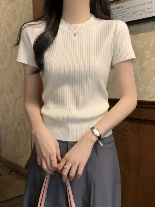 夏用アイスシルクニット肩出し短袖Tシャツ【洗練されたデザイン・美しい印象・甘辛ミックス】