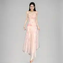 華やかなフラワーレースデザインのフィッシュテールキャミソールドレス【女性用・ビーチスタイル・セクシー・ウエストシェイプ】