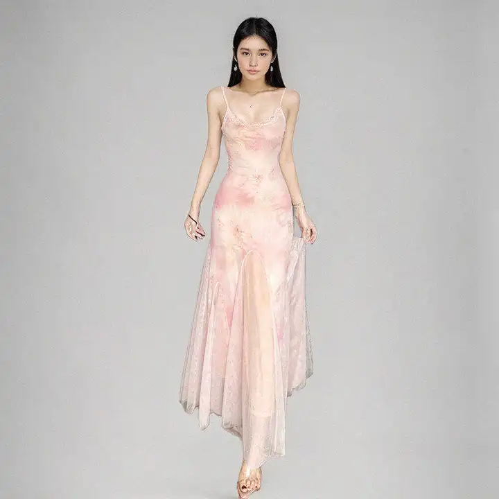 華やかなフラワーレースデザインのフィッシュテールキャミソールドレス【女性用・ビーチスタイル・セクシー・ウエストシェイプ】