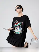 カラフルなカートゥーンスパンコールプリントの短袖Tシャツ【デザイン性の高い・ブラック・スリム効果】