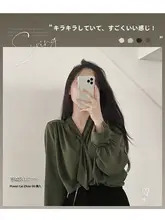 秋用デザイン シフォンリボンブラウス【長袖・アボカドグリーン・Vネック・通勤用】（セットアップ対応）