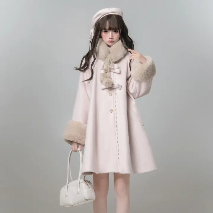 ウール製 ケープコート【清楚系・ロリータスタイル・ピンク・女子向け】