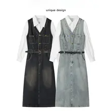 レトロなウエストシェイプデニムスカートとゆったりシャツ【春秋用・女性用・おしゃれ】（セットアップ対応）