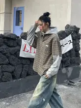 アメリカンリトロスタイルのチェック柄パネルフード付きシャツとスウェットのセット【ゆったりサイズ】