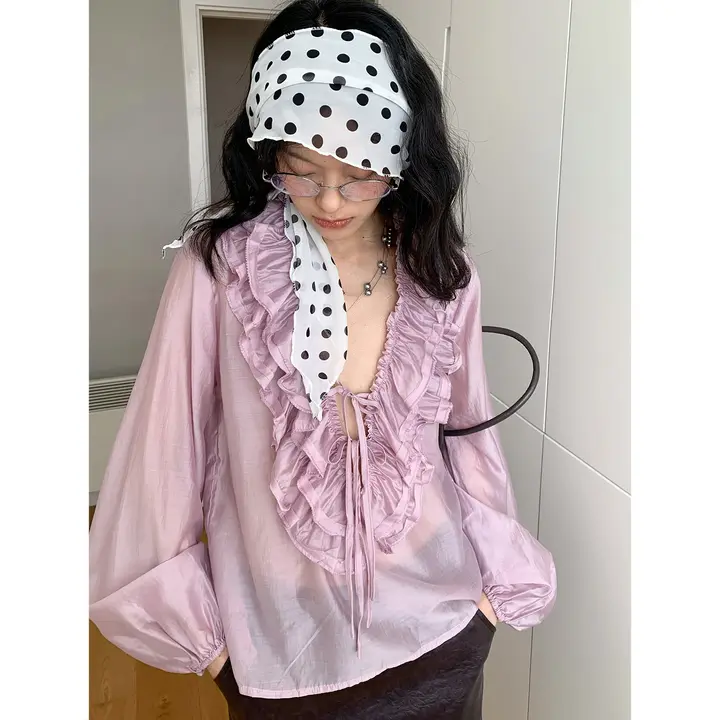 春用フリル付きVネックタイブラウス【透け感あり・ルーズフィット・長袖】
