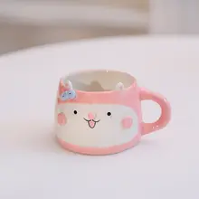 かわいい動物デザインの水杯【手描き・ブルーとピンクのウサギ・陶器製】（セットアップ対応）
