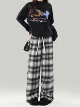 黒のレトロチェック柄ウールパンツ【秋冬用・加絨・ハイウエスト・シンプルストレート】