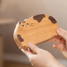 可愛い猫デザインのブラックウォールナット製ジュ エリーボックス【持ち運び便利・小型・ネックレス・イヤリング収納可】