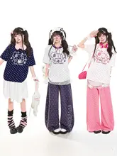 カートゥーンドットプリントのラウンドネック半袖Tシャツ【女性用・夏季・ゆったりシルエット】
