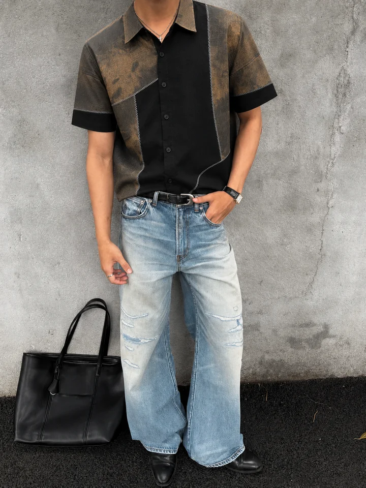 メンズビンテージカラー切替シャツ【春夏用・短袖・高級デザイン】
