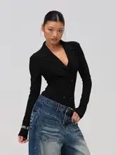ダブルブレストのスーツカラーオールインワン【女性用・軽やかで高級感・ユニークデザイン】（セットアップ対応）
