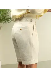 リネン混合の高腰ダブルプリーツショートパンツ【夏用・薄手】（セットアップ対応）