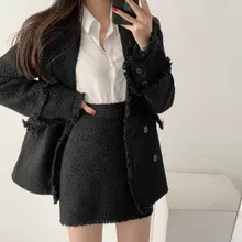 秋冬向けレトロデザインのダブルブレストツイードコート【厚手・翻訳襟】とハイウエストタイトスカート（セットアップ対応）
