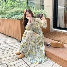 花柄長袖ワンピース【フレンチスタイル・ウエストシェイプ・リゾート向け】（セットアップ対応）