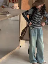 デニムパンツ キッズ ガールズ ウォッシュデニム ワイド ゆったり カジュアル おしゃれ 春秋