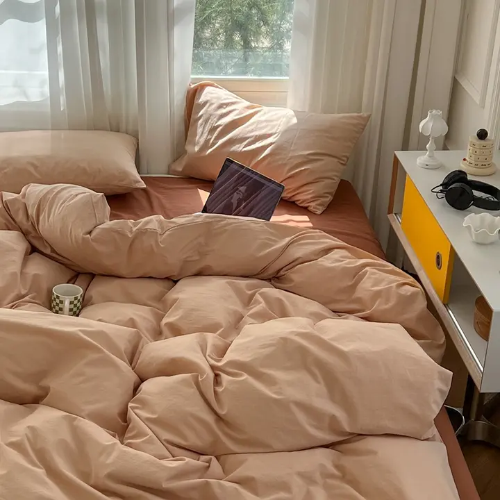 高級感のある全棉水洗コットン四点セット【シンプルデザイン・無地ベッドシーツ・ボックスシーツ付き】