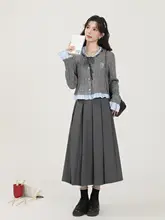 グレーのプリーツマキシスカート【ハイウエスト・Aライン・学院風】（セットアップ対応）