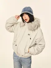 ヴィンテージ風 フード付きダウンジャケット【女性用・厚手・ショート丈・毛皮襟付き】
