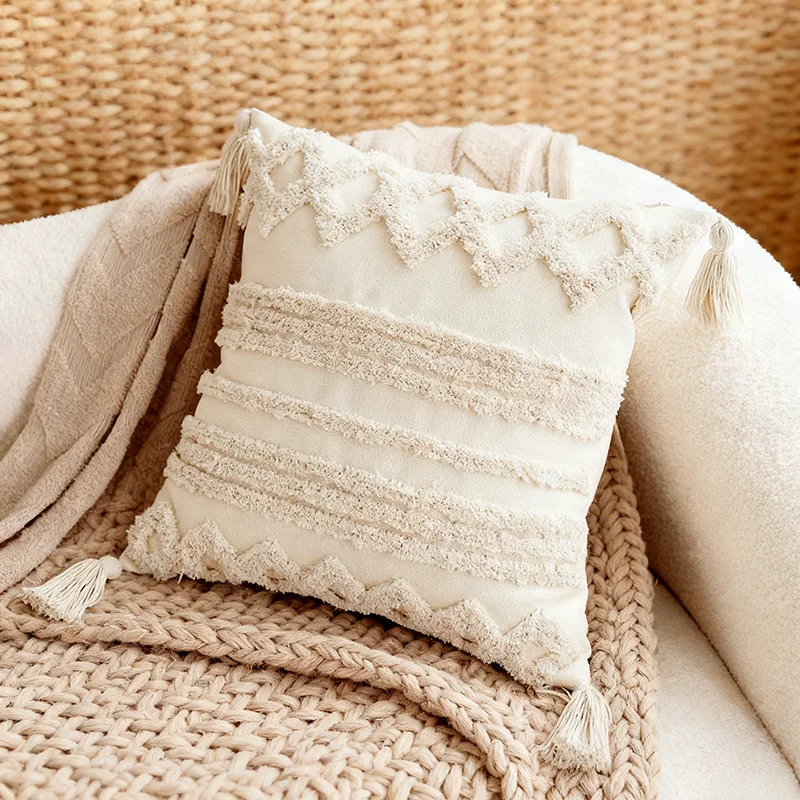 北欧風刺繍ソファクッションカバー【タッセル付き・クッション性・寝室用】（セットアップ対応）