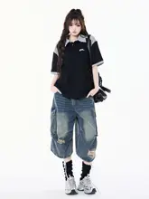 アメリカンビンテージストライプ切替ポロ襟半袖Tシャツ【ユニセックス・フィット】