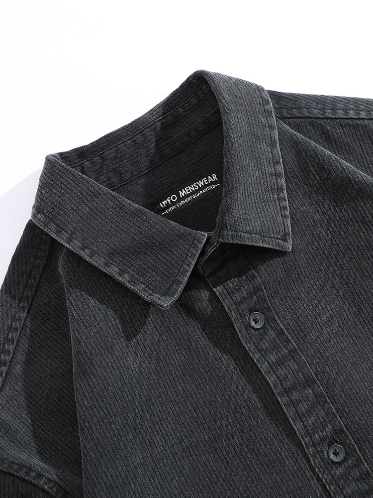 ストライプ柄の秋用長袖シャツ：伸縮性と做旧デザインが特徴のカジュアルメンズアイテム