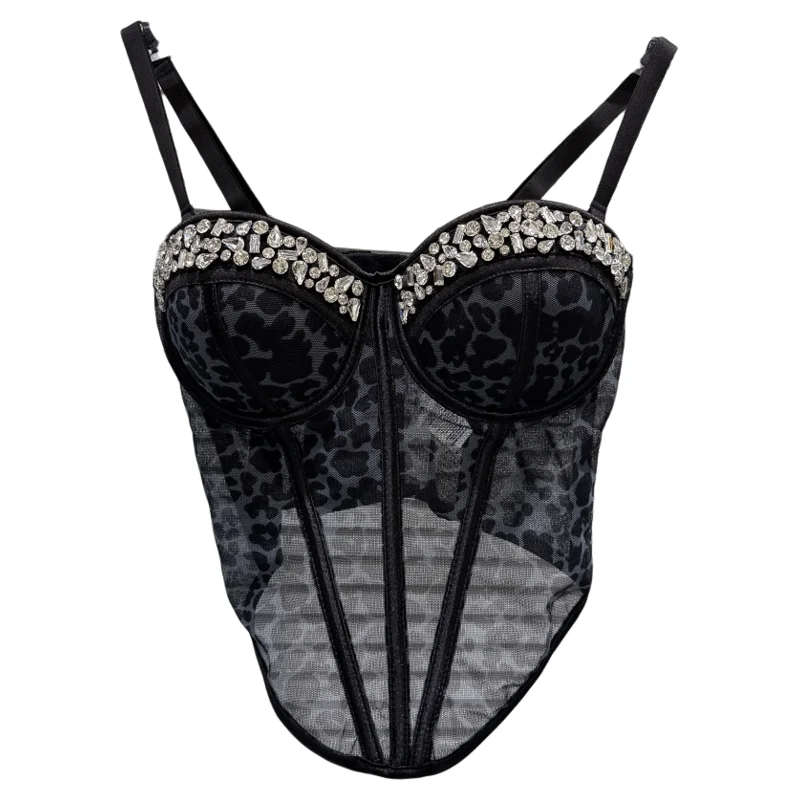 セクシーなレオパード柄メッシュキャミソール【ビジュー装飾・魚骨デザイン】
