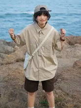 一碗士多 メンズ夏用レトロ無地短袖シャツ【オーバーサイズ・フィット】