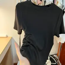 個性的なデザインのフリルラウンドネック半袖Tシャツ【女性用・夏向け・スリムフィット・薄手】