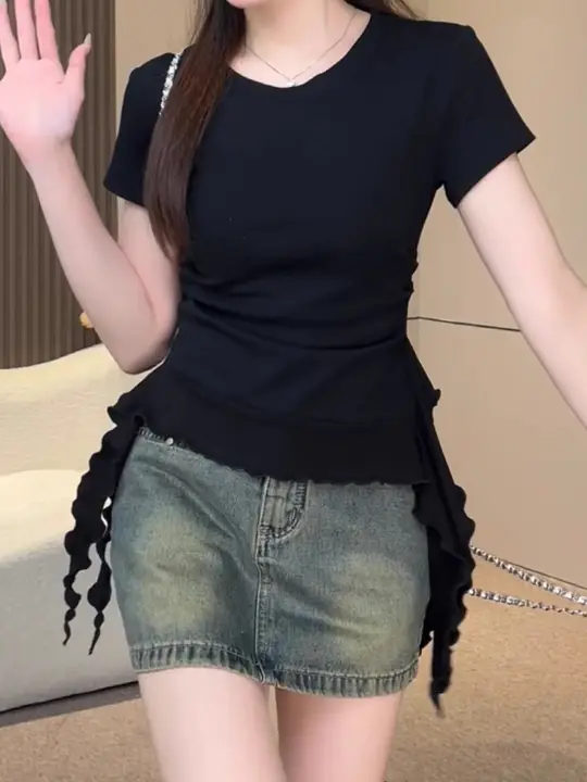 大きいサイズのカジュアル半袖コットンTシャツ【体型カバー・スリムフィット・女性用】（セットアップ対応）