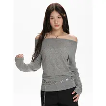 ストライプ柄の長袖Tシャツ【オフショルダー・ウエストシェイプ・春夏用】