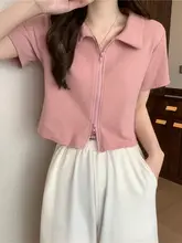 ダブルジップポロ衿ピンク短袖Tシャツ【デザイン性・ cropped・カーディガンスタイル】