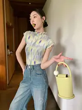 夏用 涼しげな雪纺無袖Tシャツ【グラデーションプリント・短袖・ひだデザイン】