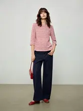 シンプルな七分袖ストライプTシャツ【春用・フランス風・オフショルダー】