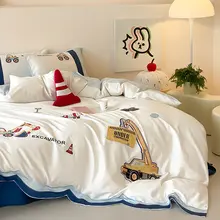 可愛いデザインの長綿製4点セット・カートゥーンの掘削機刺繍入り布団カバー【子供用・純綿】（セットアップ対応）