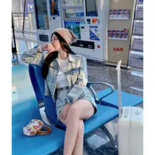 ユニークな洗い水色デニムジャケットとパンツ【フレンチスタイル・春用・女性用】（セットアップ対応）