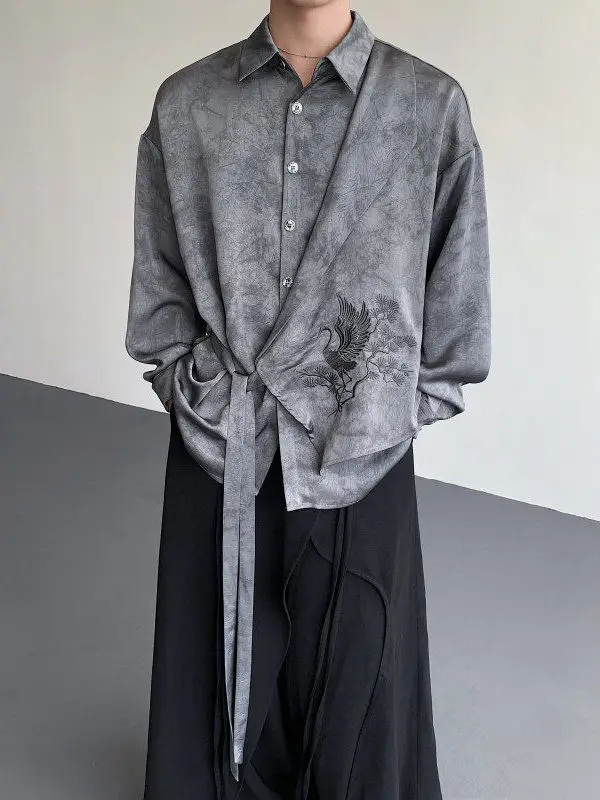 中華風デザイン 鶴刺繍のシルクシャツ：長袖ルーズフィットで夏の涼感を実現