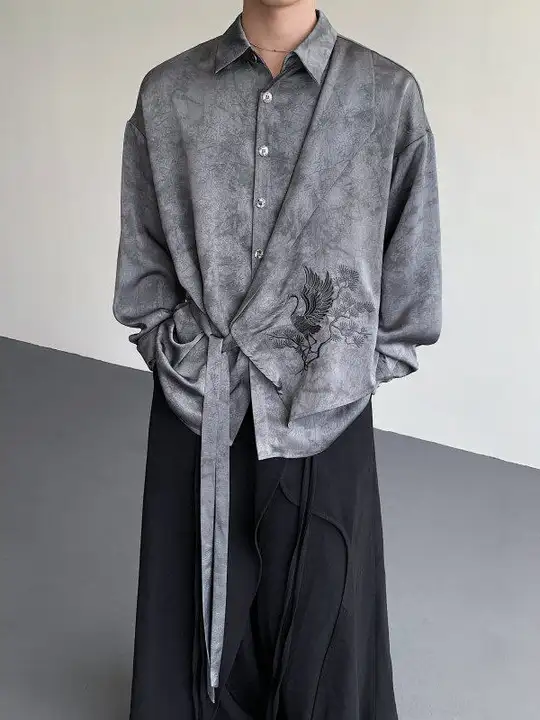 中華風デザイン 鶴刺繍のシルクシャツ【スムース・ドレープ感・長袖・ルーズフィット】