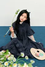 フリル袖デザインのドレス【学院風・レトロ・秋用・ハイウエスト・ロングスカート】（セットアップ対応）