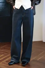 アメリカンヴィンテージスタイル ハイウエストデニムワイドパンツ【深い青・ゆったりとしたフィット・ストレートライン・秋用】（セットアップ対応）