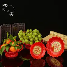 赤色プラスチック製 高脚蓮花型果物皿【中華風・装飾用】