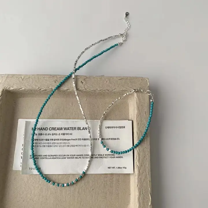 個性的で優雅なデザイン！S925銀製ターコイズフレークブレスレットネックレス【シルバー全体】