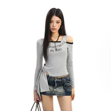 デザイン性抜群の斜め肩長袖Tシャツ【春用・女性用・短丈・極上の柔らかさ】（セットアップ対応）