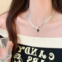 黒い星とハートのフリンジネックレス【ロックスタイル・鎖骨チェーン・トレンドアクセサリー】