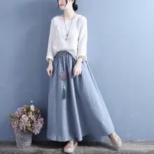 コットンリネン製 レディース刺繍入りフリンジ飾りスカート【春夏用・ウエストゴム・ゆったりデザイン】