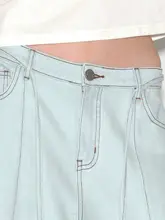 春のデザインラインデニムパンツ【浅青色・ロースリム・ワイドレッグ】