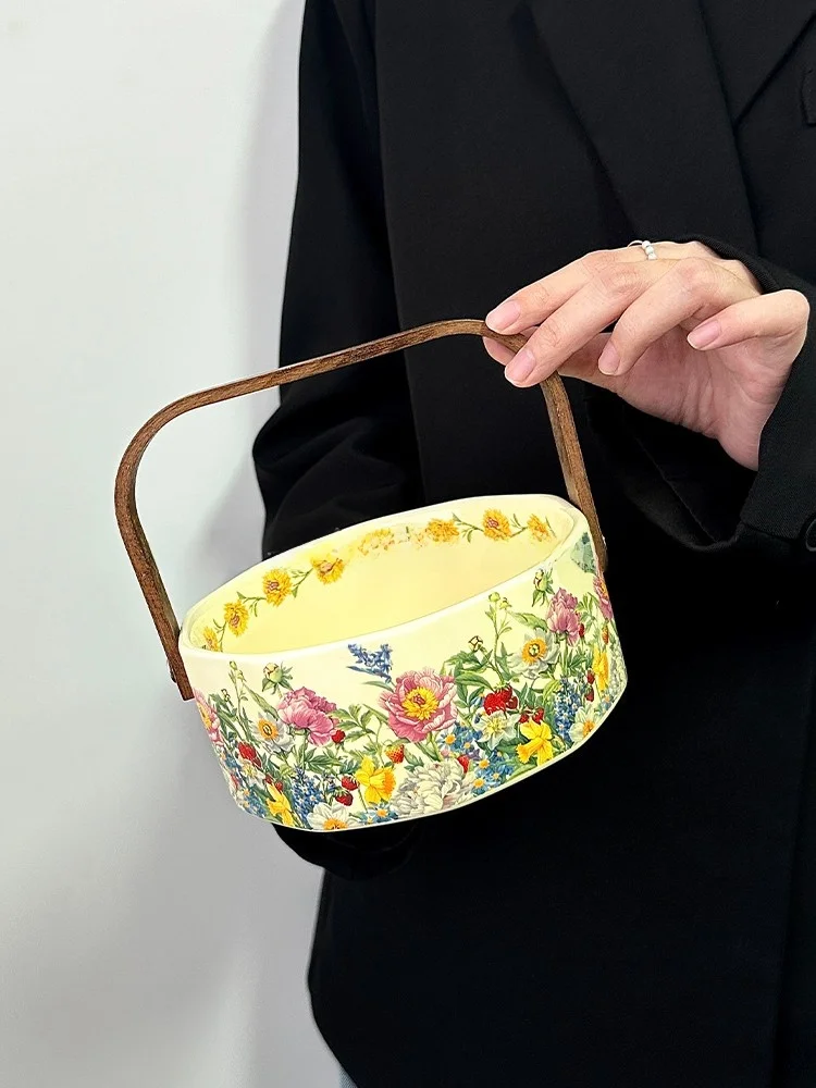 美しい花柄の陶器製手提げフルーツバスケット：ヴィンテージ風の家庭・飾り用途に最適