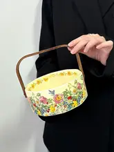 美しい花柄の陶器製手提げフルーツバスケット【ヴィンテージ風・家庭用・飾り用】