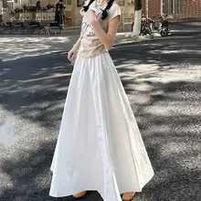 優雅な白のフレアスカート【夏用・ハイウエスト・Aライン・大ぶりデザイン】（セットアップ対応）